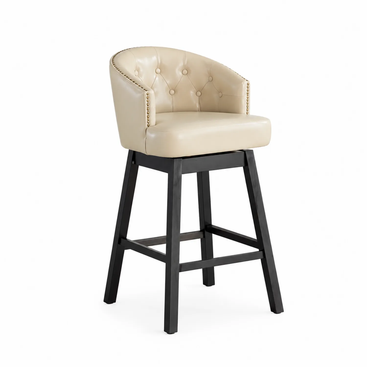 Taburete de Barra Giratorio con Asiento de Cuero Sintético y Base de Madera