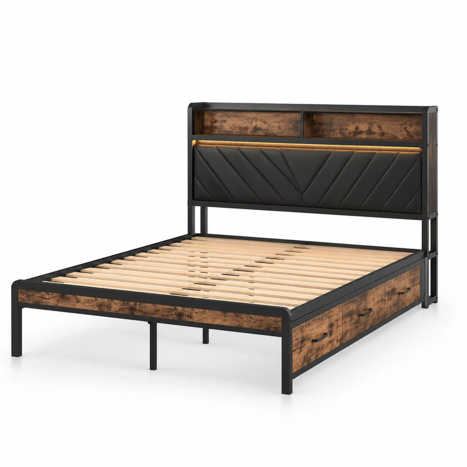 Cama doble de metal con almacenamiento y cabecero de cuero sintético PU 200x160 cm