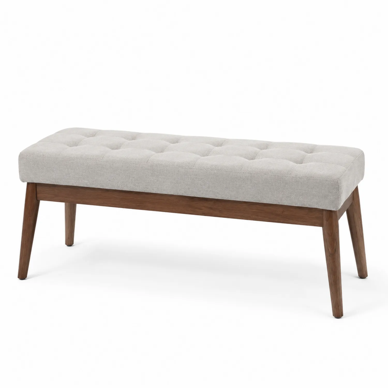 Banco tapizado de tela beige con patas de madera