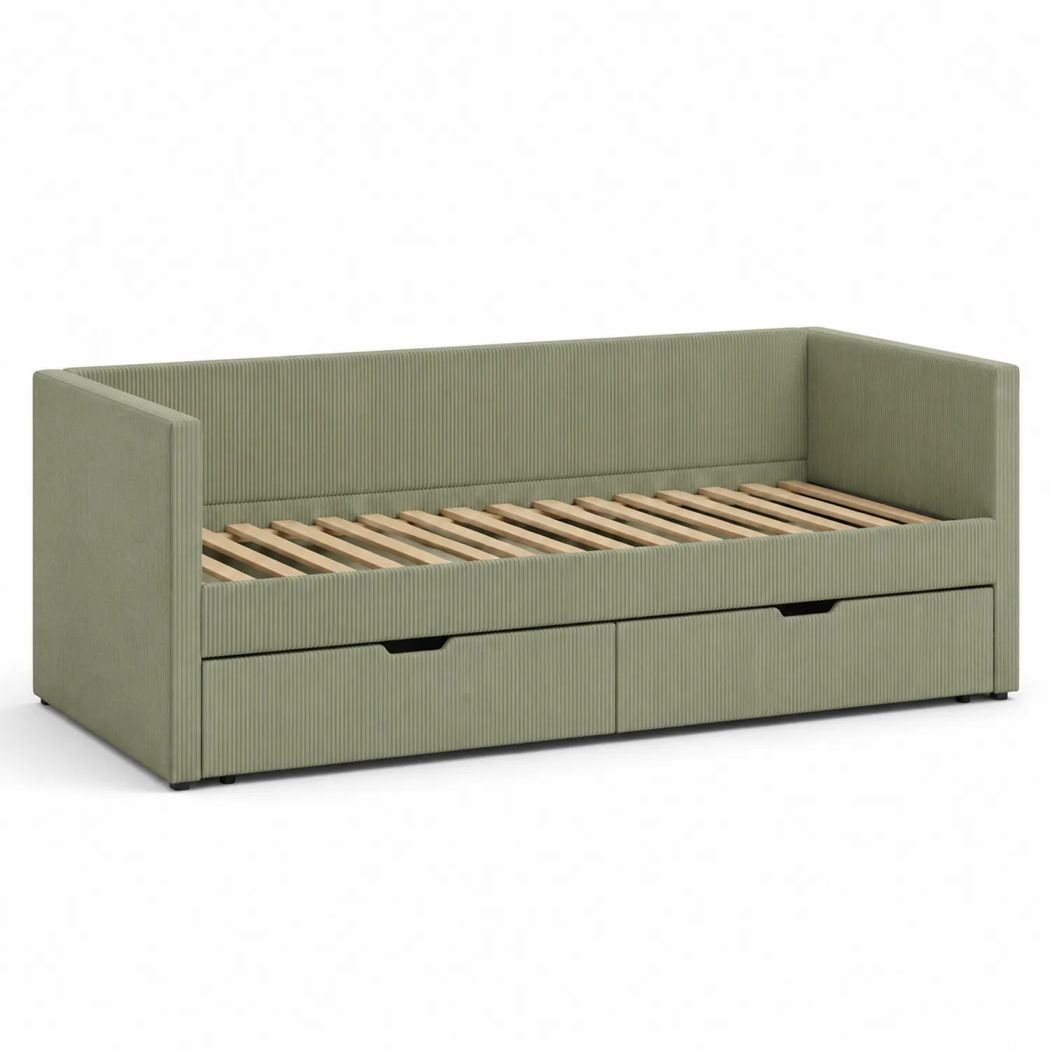 Diván Cama de Madera Verde con Cajones y Tapizado de Pana