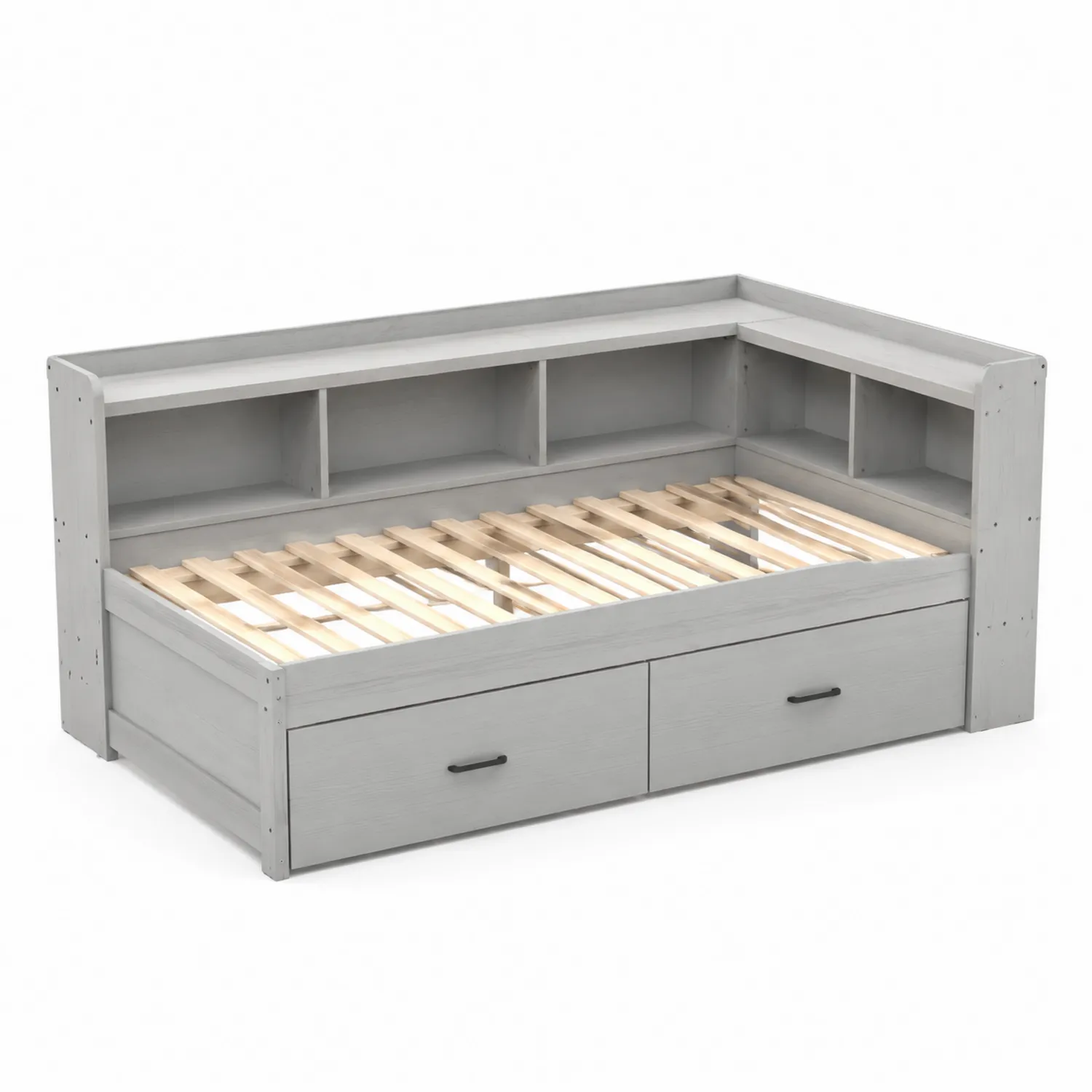 Diván cama gris con estantería integrada de madera