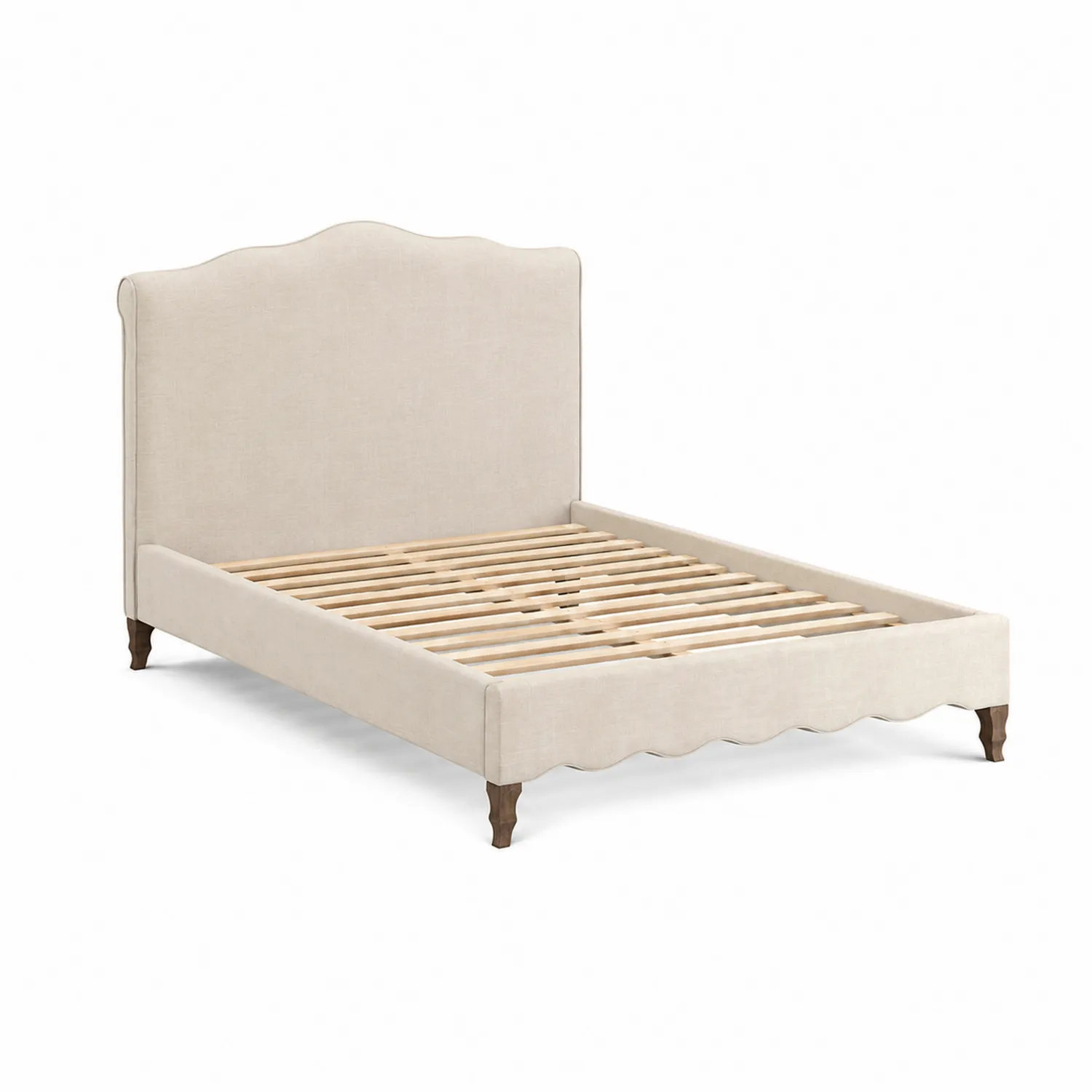 Cama doble beige tapizada con cabecera ondulada