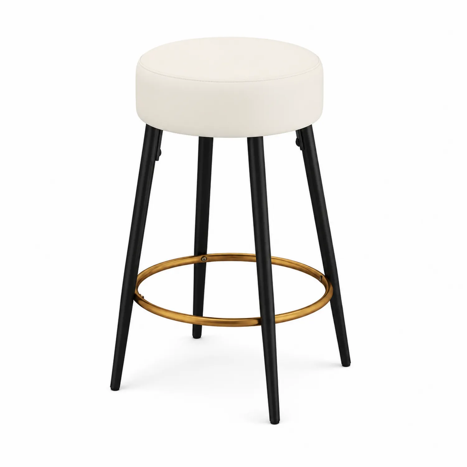 Taburete de bar de metal con asiento de cuero sintético blanco y anillo dorado, 75 cm
