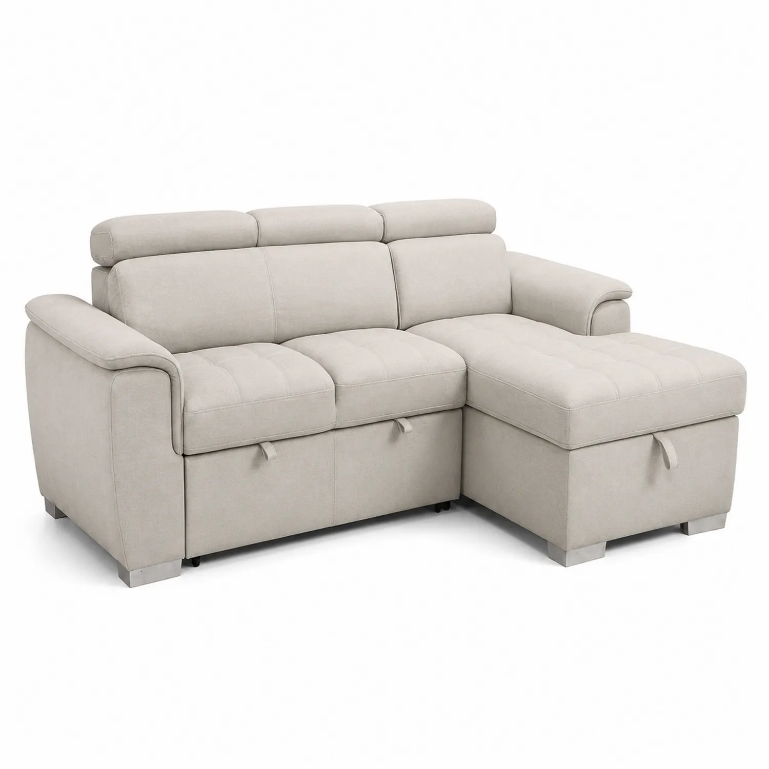 Sofá seccional en L tela beige con almacenamiento