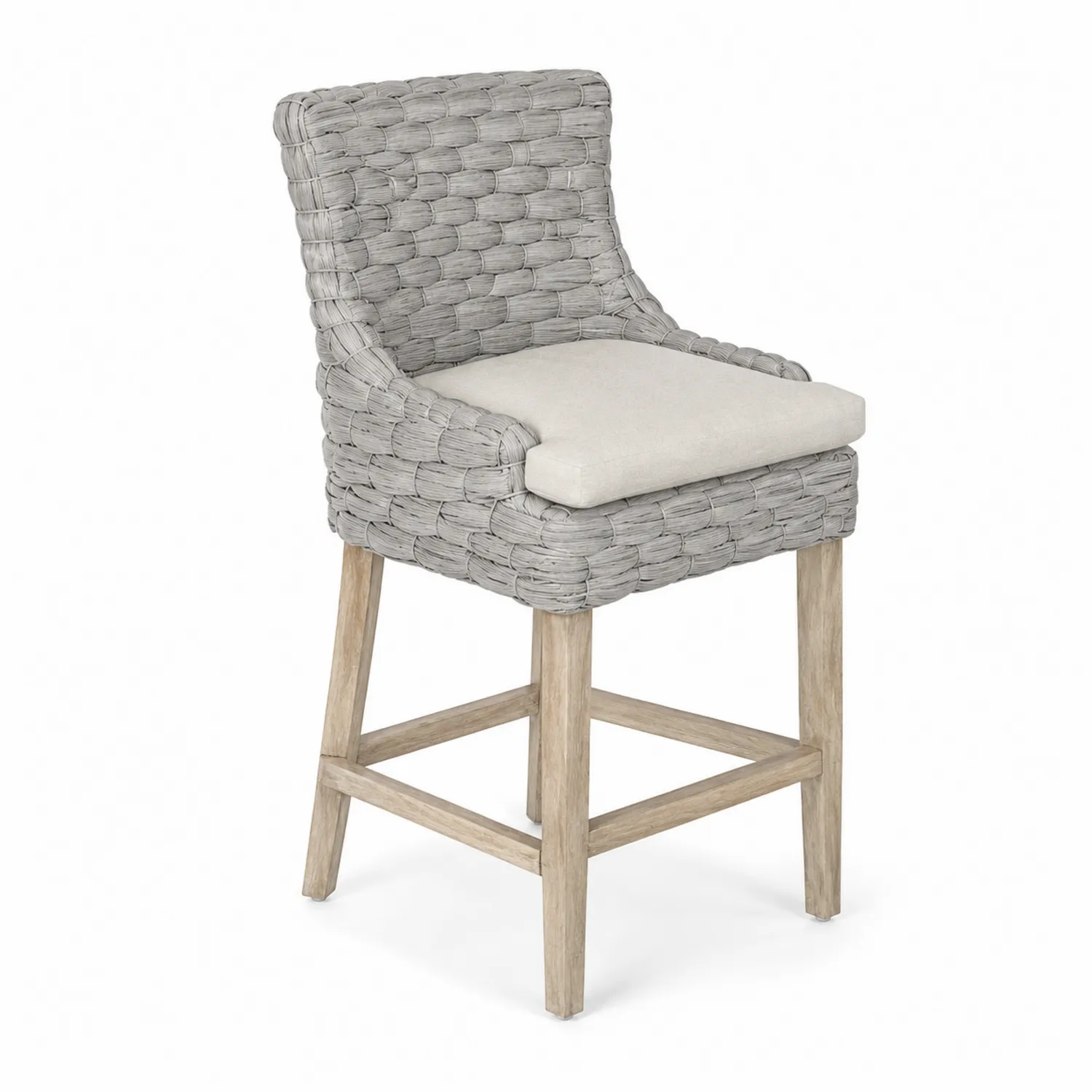 Taburete de ratán sintético gris con cojín beige y patas de roble