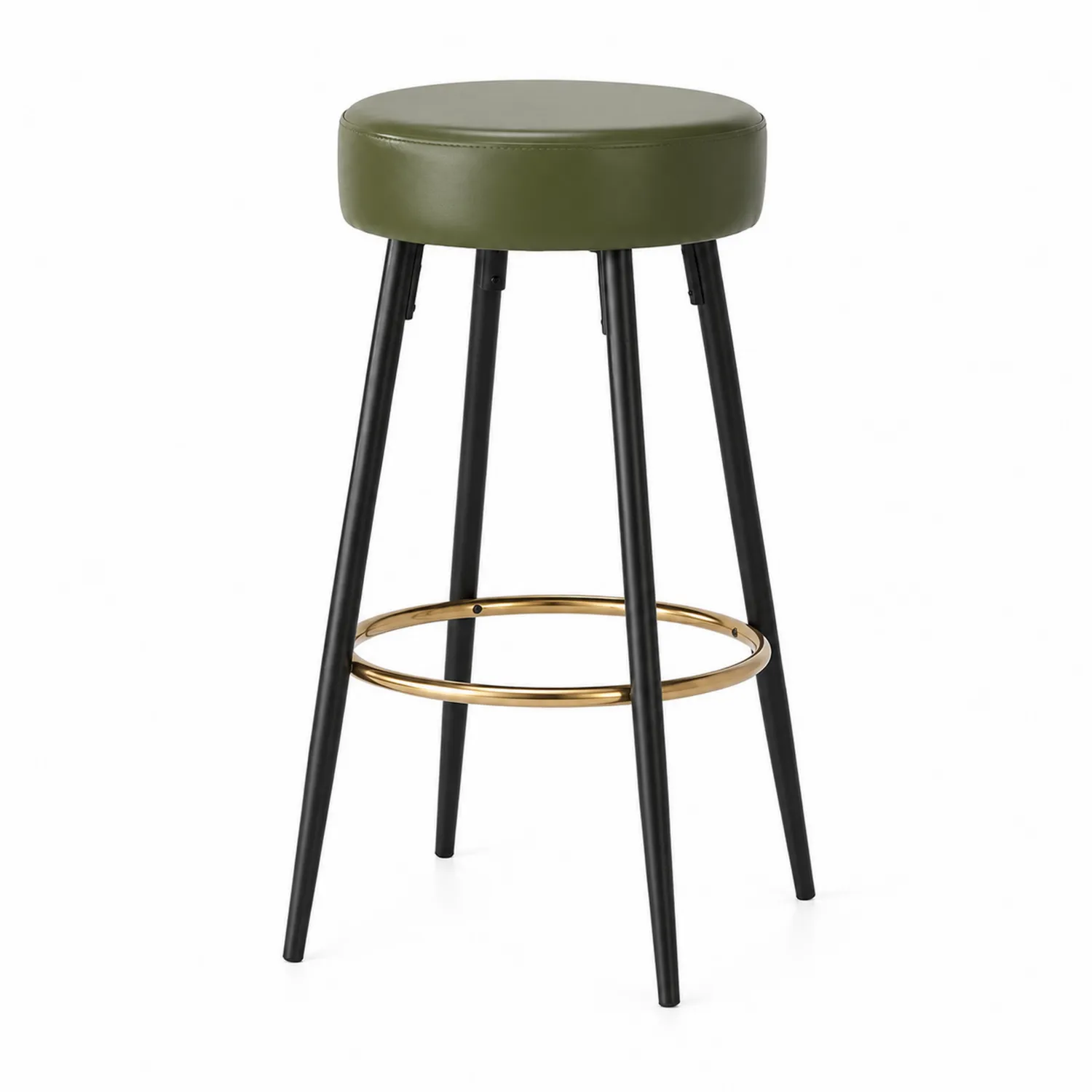 Taburete redondo de PU verde con patas metálicas negras y reposapiés dorado