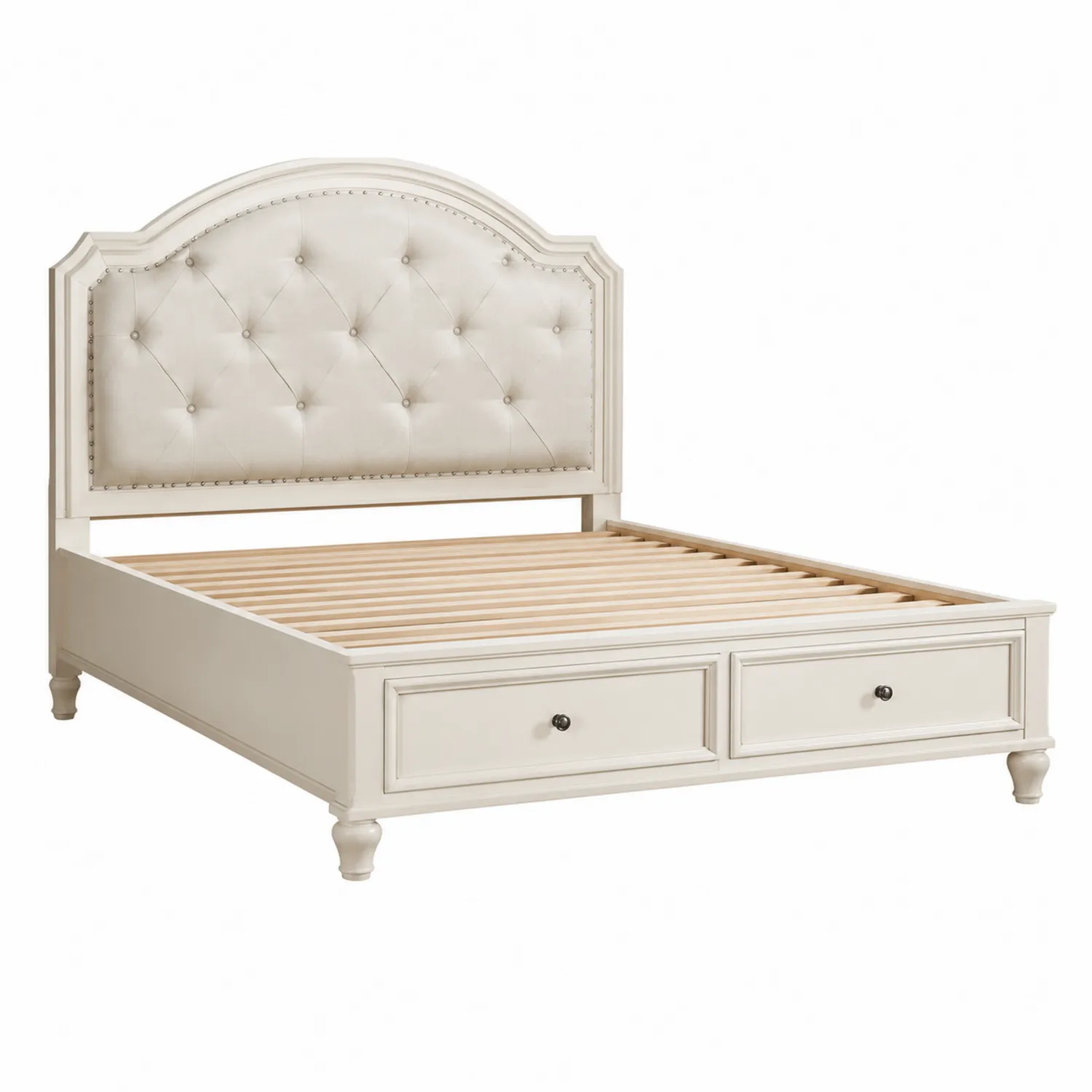 Cama doble de madera con cabecero tapizado y almacenamiento Beige