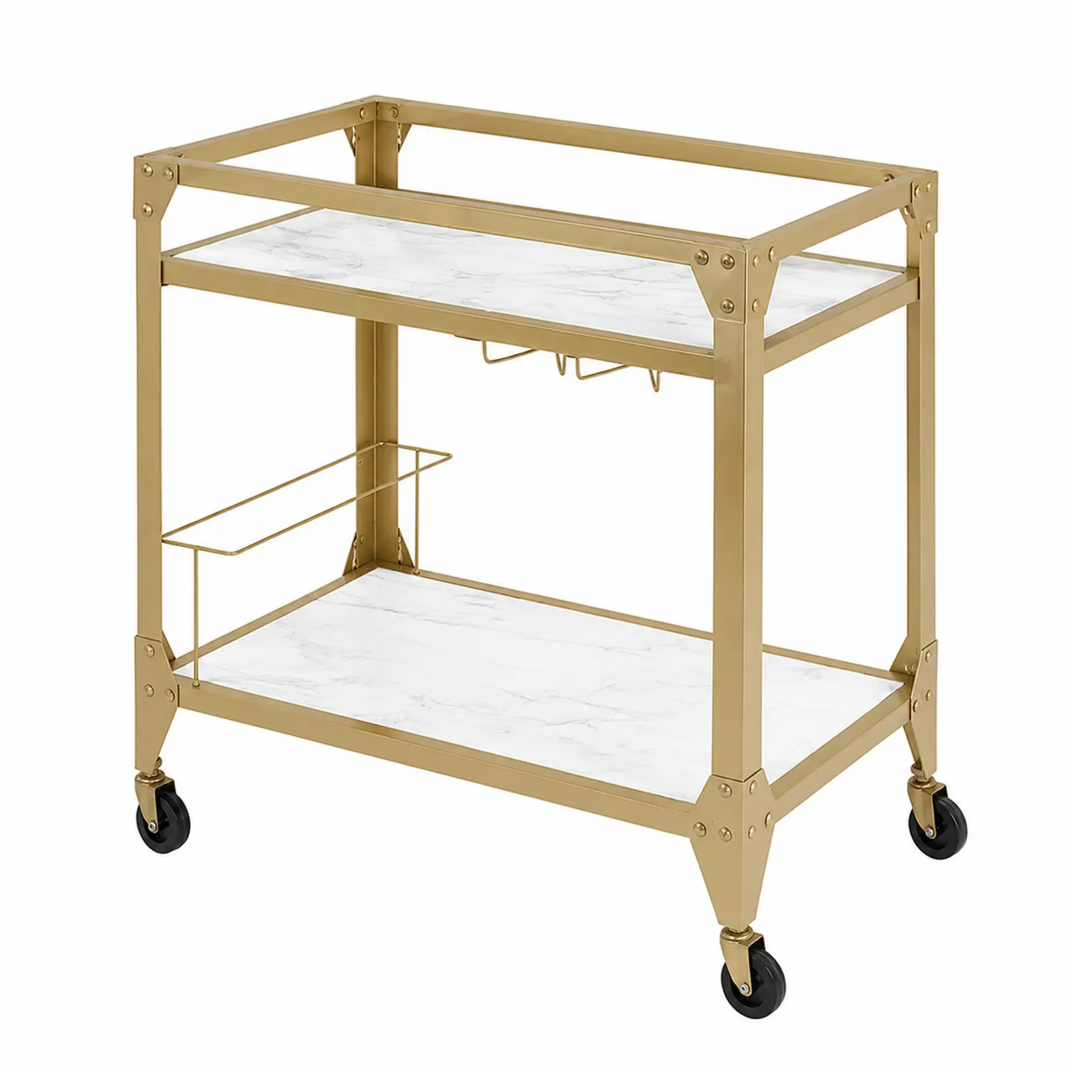 Carrito de bar de metal dorado con estantes de mármol sintético
