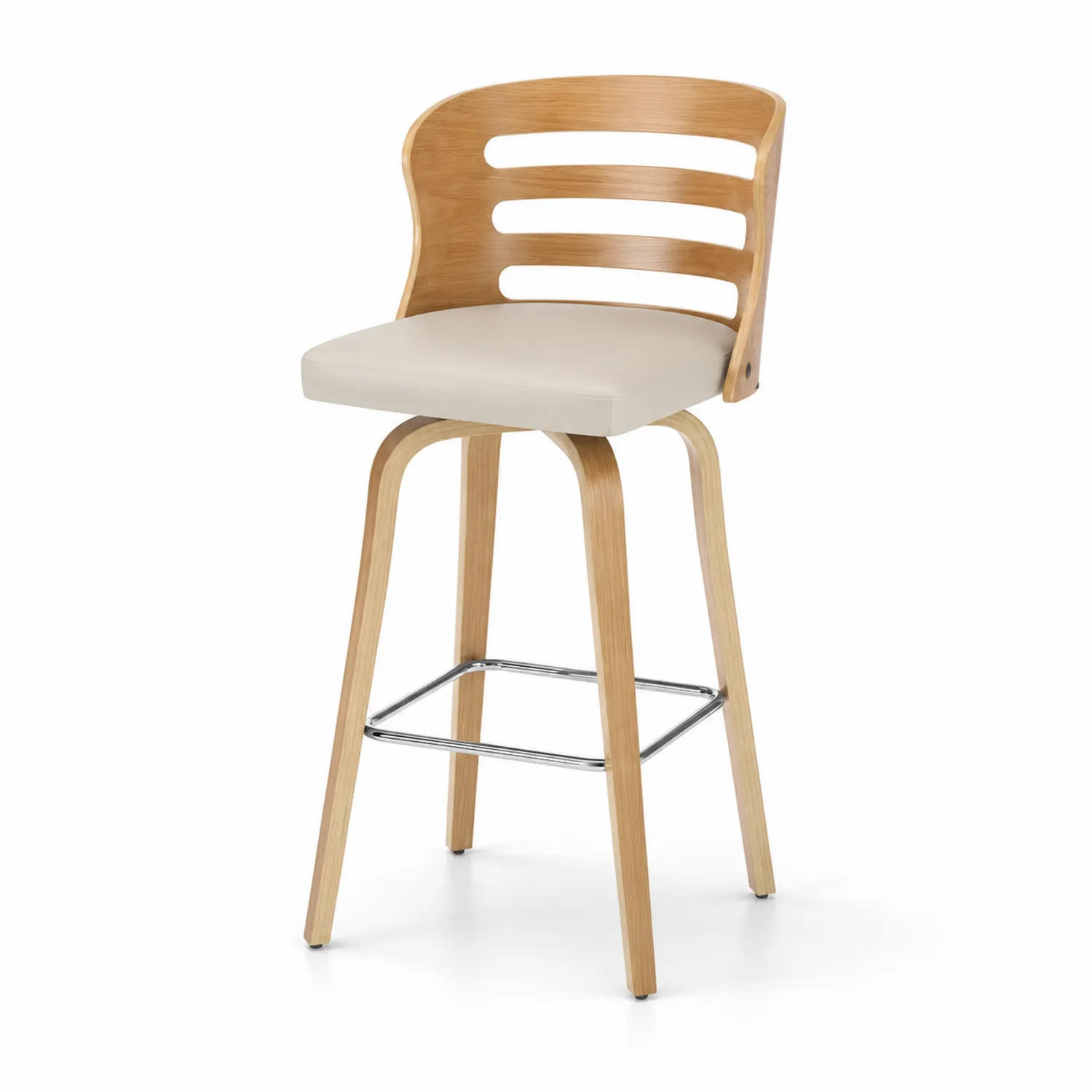 Taburete de madera curvada con asiento de cuero sintético crema