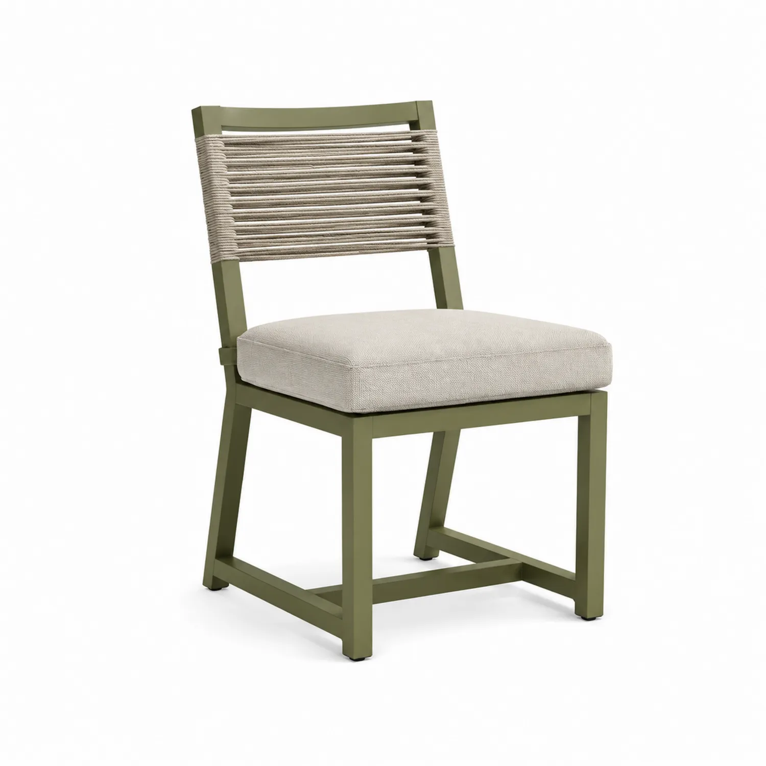 Silla de comedor de aluminio verde con cojín beige y respaldo de cuerda