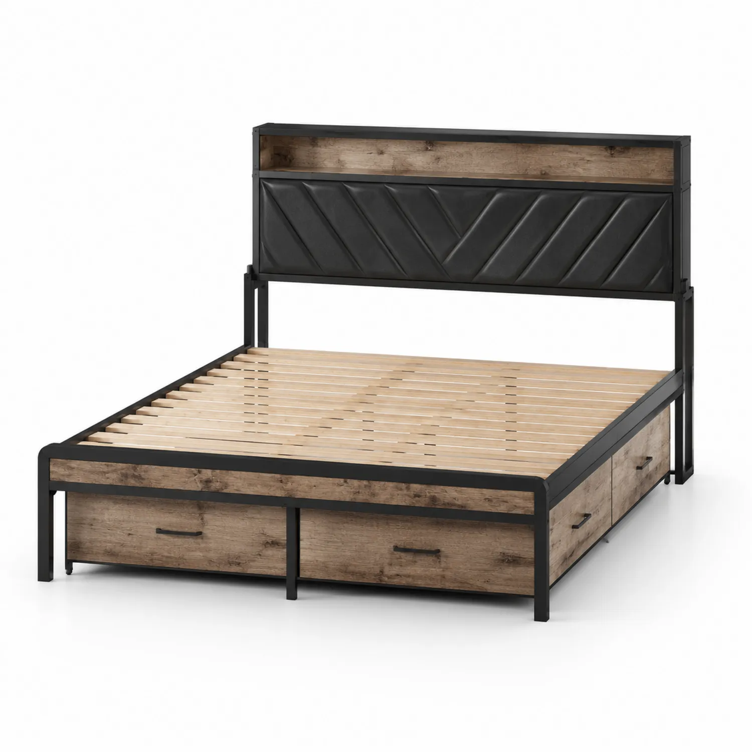 Cama doble de metal y MDF con almacenamiento y cabecera acolchada