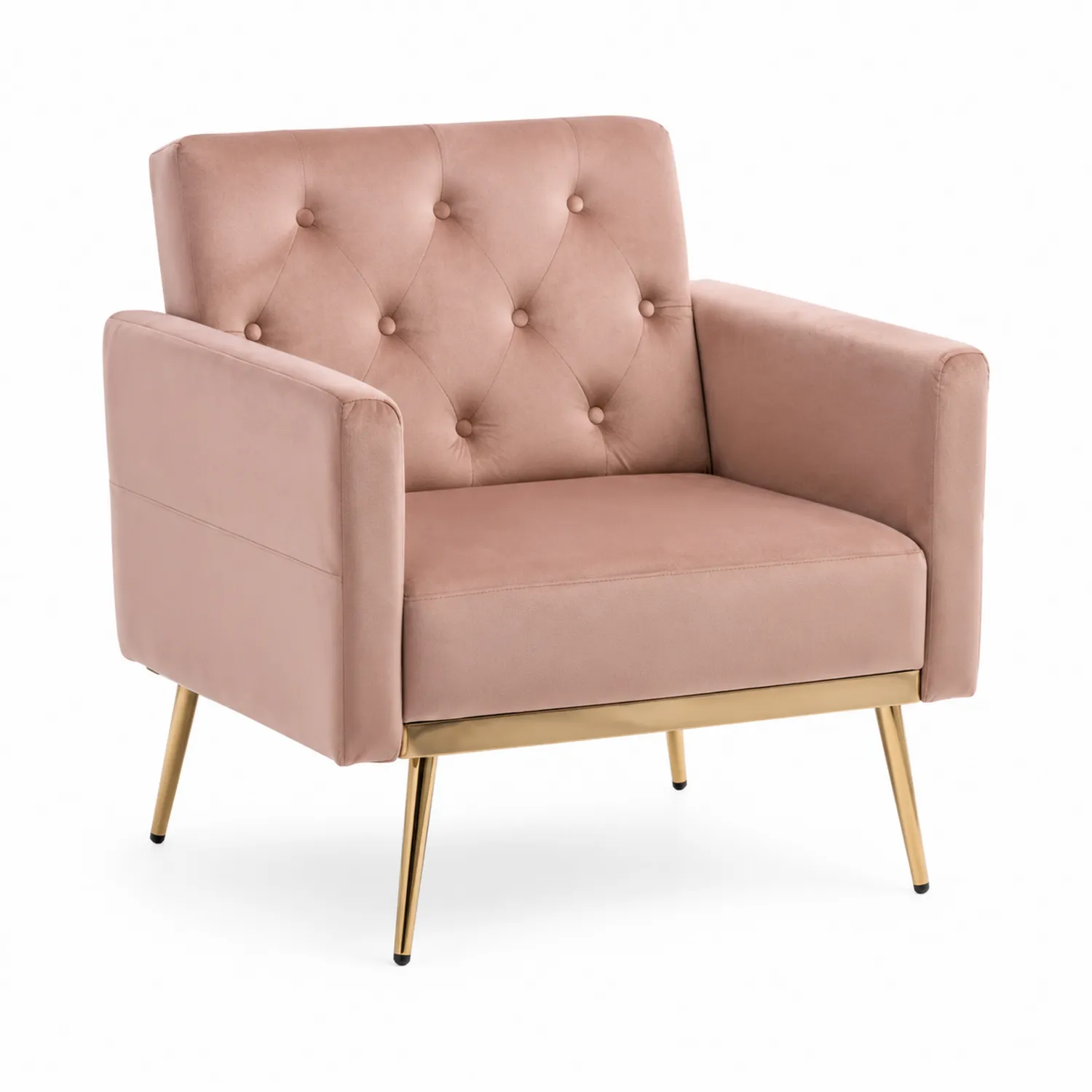 Sillón de terciopelo rosa con base de acero dorado
