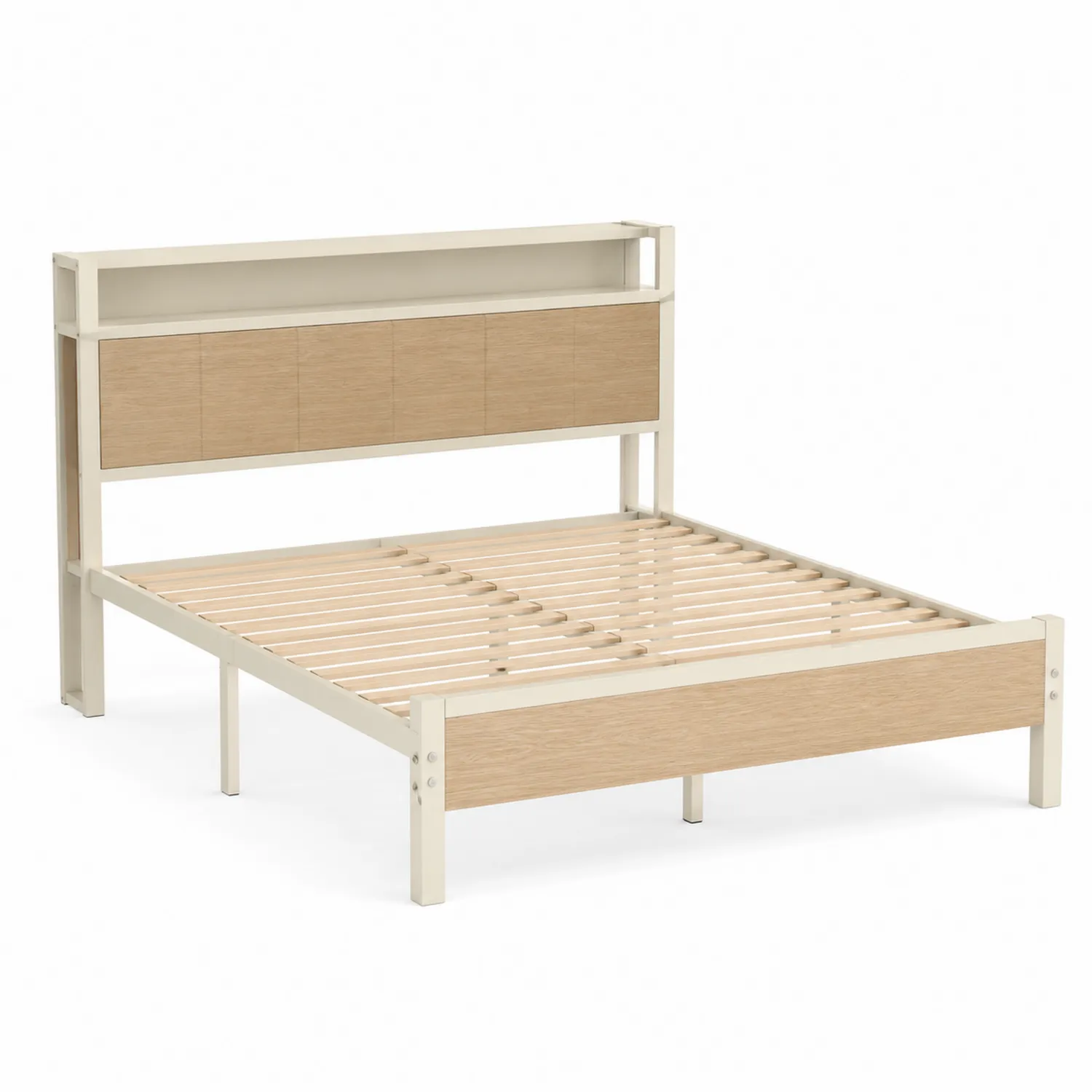 Cama de Madera Contrachapada Beige y Blanco con Cabecero de Almacenamiento 200x150 cm