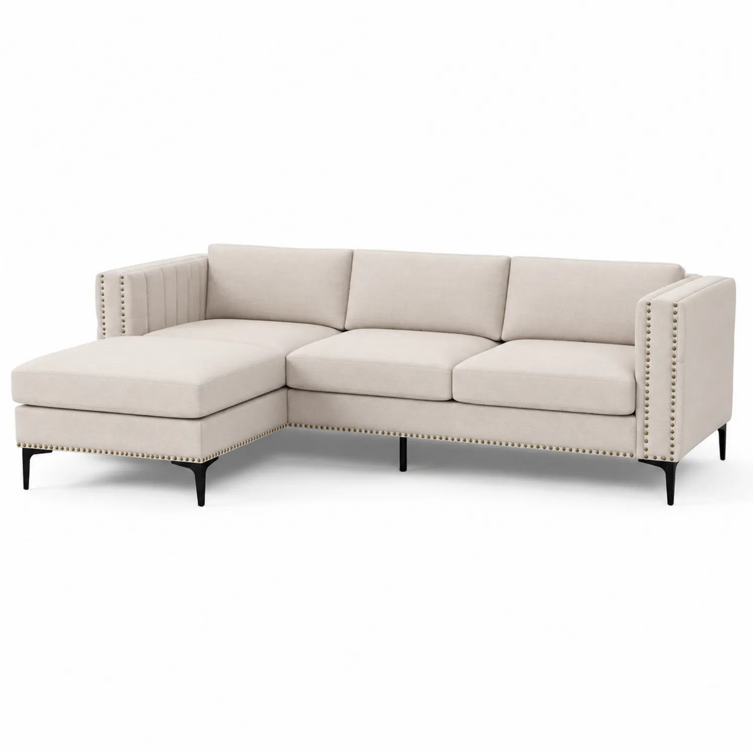 Sofá seccional en L beige con tapizado de poliéster y patas de metal 250 cm