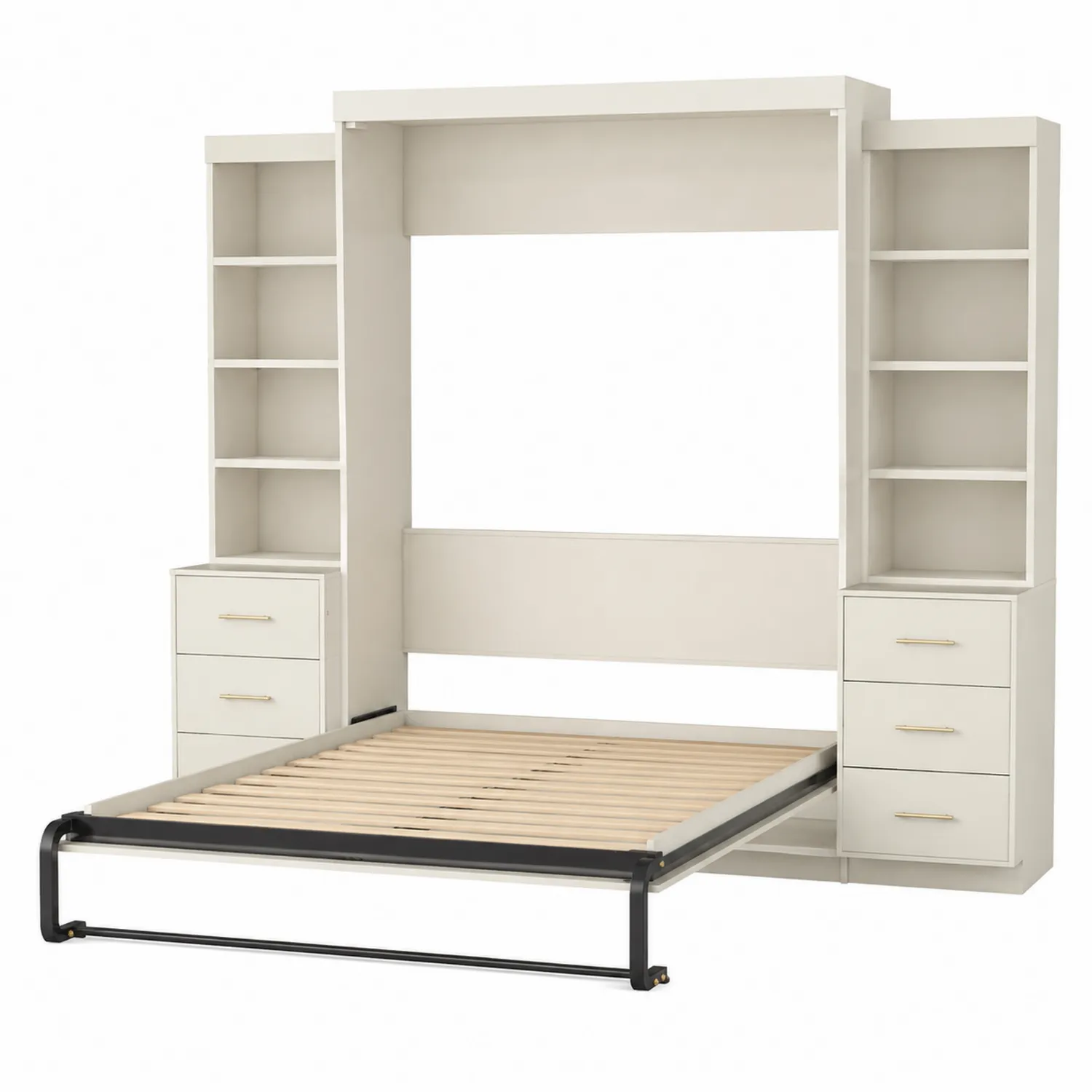 Cama abatible de pared con estantería y cajones de madera y metal, color Marfil