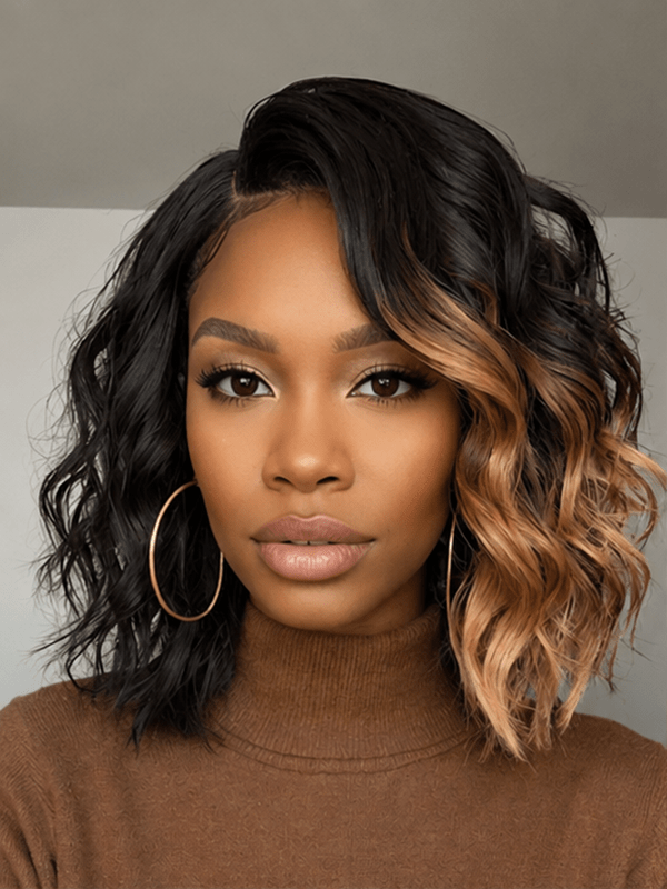Black & Caramel Highlight Body Wave Wig | 100% Human Hair
