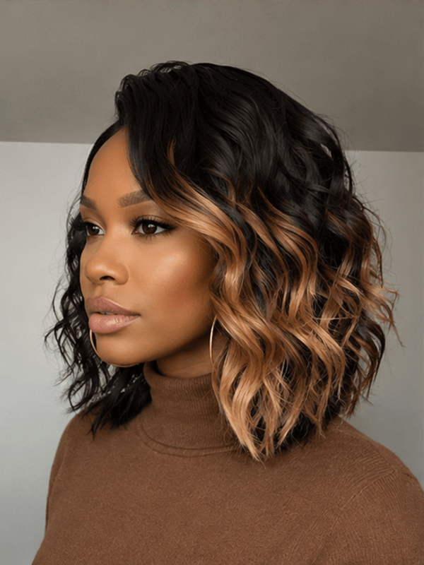 Black & Caramel Highlight Body Wave Wig | 100% Human Hair
