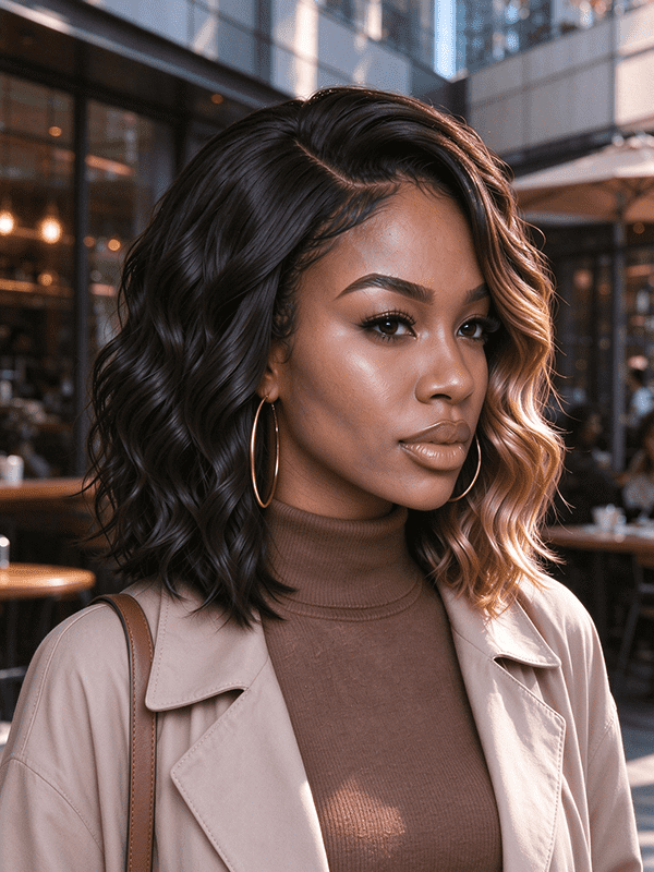 Black & Caramel Highlight Body Wave Wig | 100% Human Hair