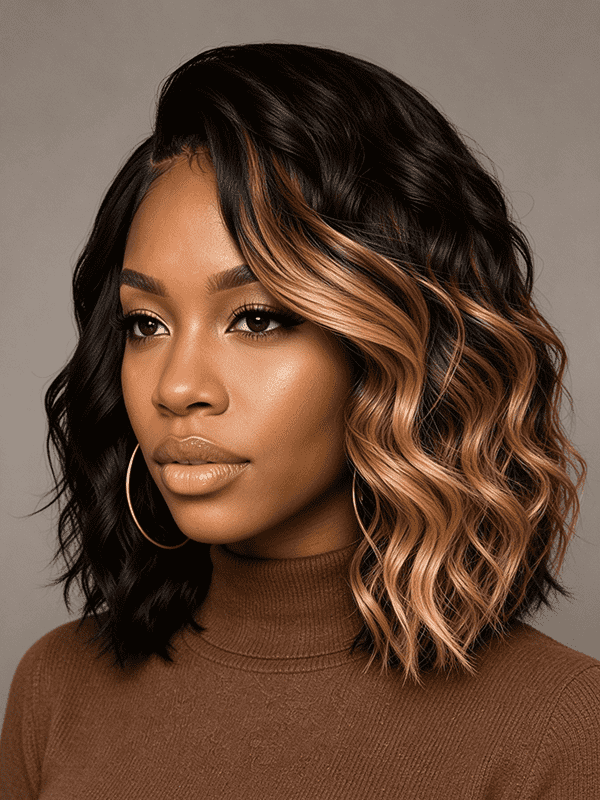 Black & Caramel Highlight Body Wave Wig | 100% Human Hair