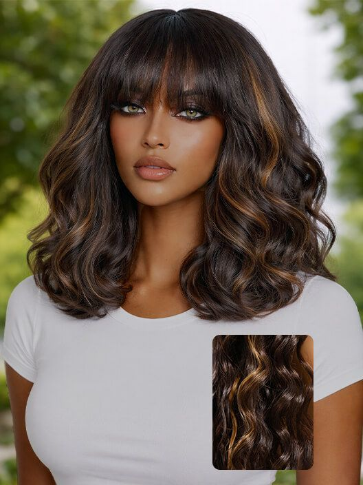 Brown Highlight Body Wave Bangs Wig Drawstring Human Hair Wig