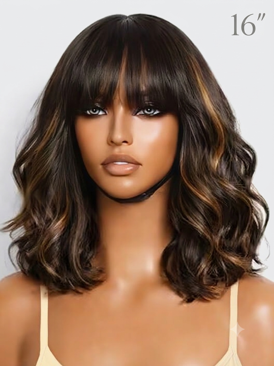 Brown Highlight Body Wave Bangs Wig Drawstring Human Hair Wig