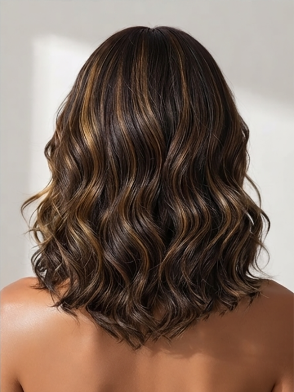 Brown Highlight Body Wave Bangs Wig Drawstring Human Hair Wig