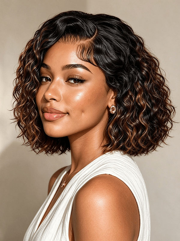 Brown Highlight Natural Wave Side Part Beginner Friendly Human Hair Bob Wig