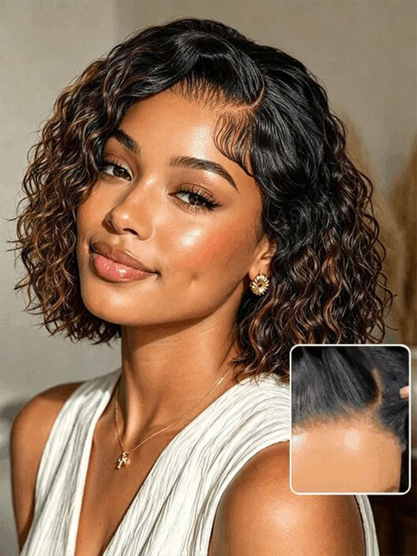 Brown Highlight Natural Wave Side Part Beginner Friendly Human Hair Bob Wig