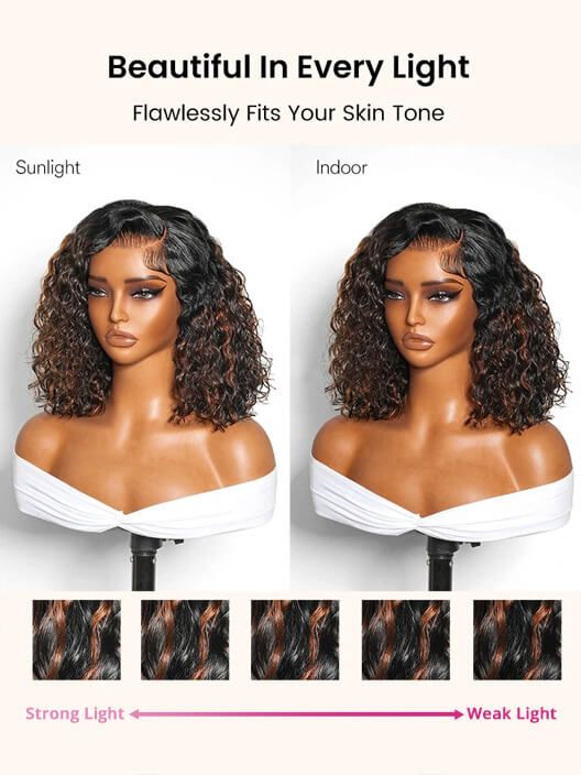 Brown Highlight Natural Wave Side Part Beginner Friendly Human Hair Bob Wig