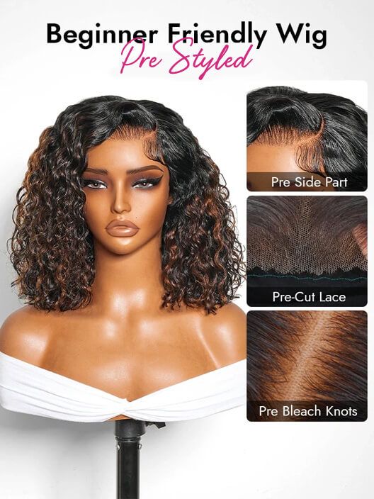 Brown Highlight Natural Wave Side Part Beginner Friendly Human Hair Bob Wig