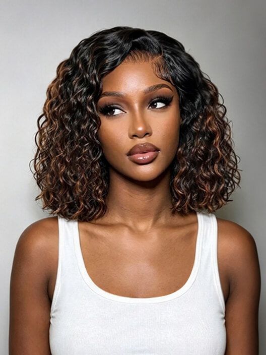 Brown Highlight Natural Wave Side Part Beginner Friendly Human Hair Bob Wig