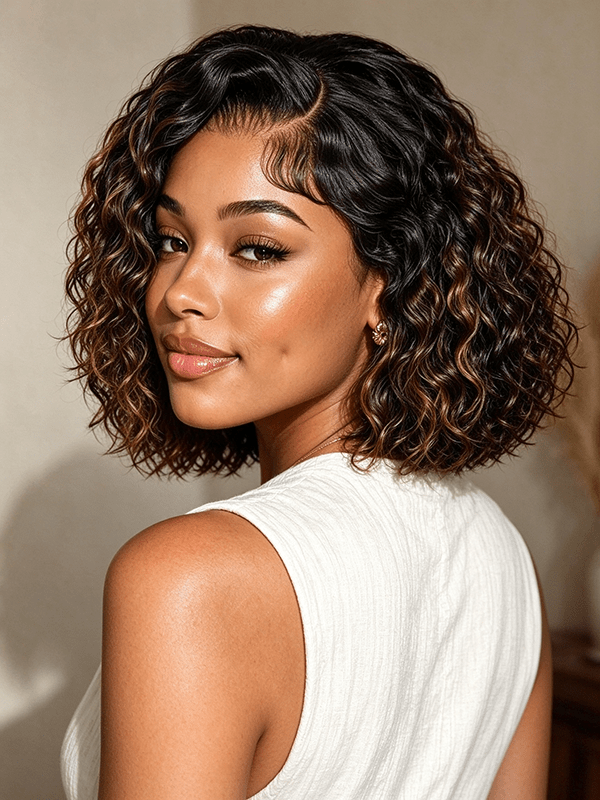 Brown Highlight Natural Wave Side Part Beginner Friendly Human Hair Bob Wig