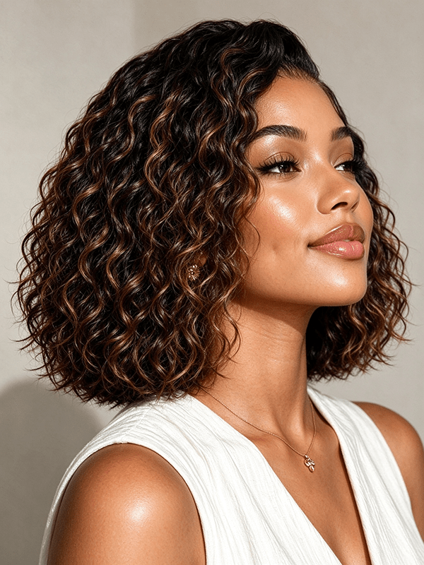 Brown Highlight Natural Wave Side Part Beginner Friendly Human Hair Bob Wig