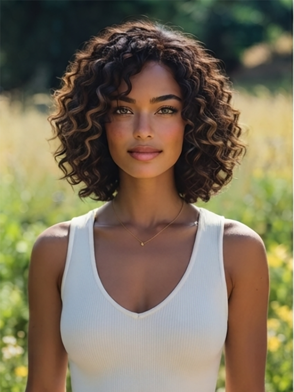 Brown Highlight Short Bouncy Bob Curly Hairstyles Glueless Human Hair Wigs
