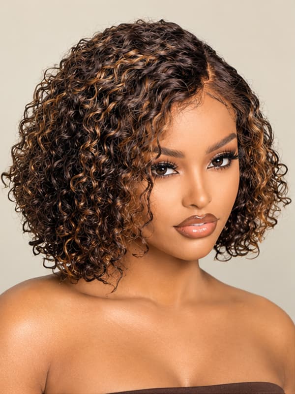 Brown Highlight Short Curly Human Hair Beginner Friendly Wig