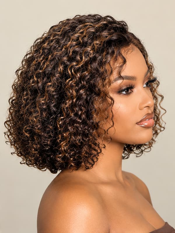 Brown Highlight Short Curly Human Hair Beginner Friendly Wig