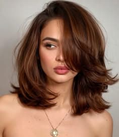 Brown Layered Bob Wig with Caramel Highlights – 100% Human Hair