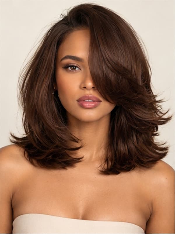 Brown Layered Bob Wig with Caramel Highlights – 100% Human Hair