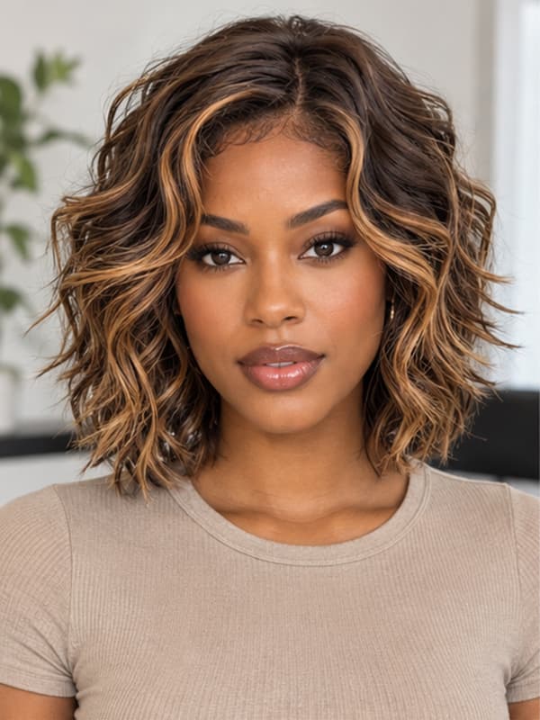 Brown with Caramel Highlight Short Curly Bob Wig Glueless Human Hair