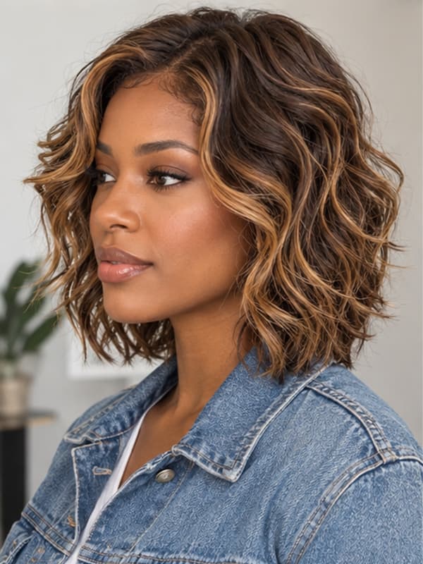 Brown with Caramel Highlight Short Curly Bob Wig Glueless Human Hair