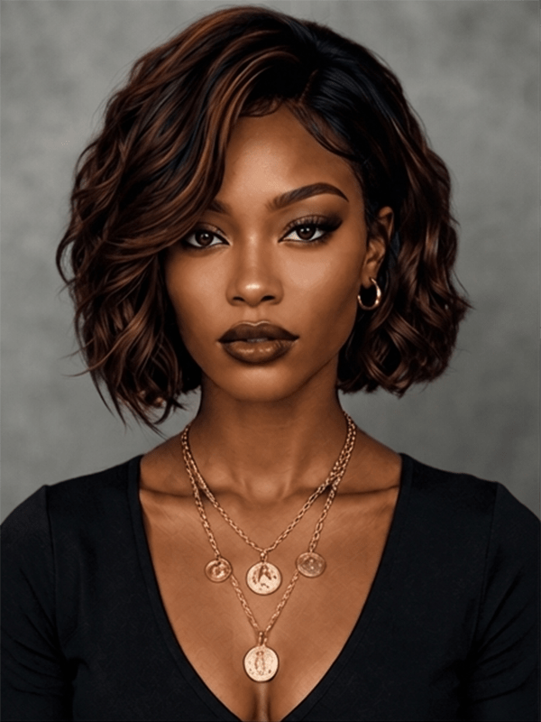 Burgundy Wine Highlight Wavy Bob Wig | 100% Human Hair Lace Front Wig