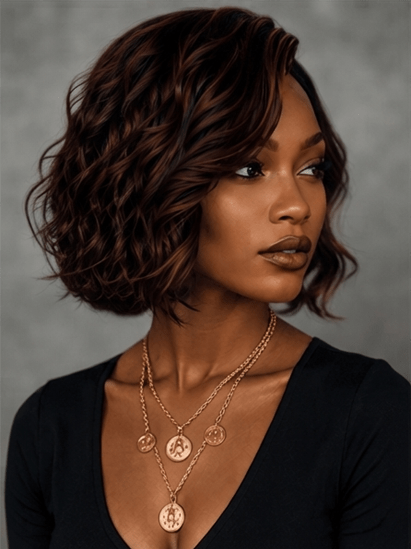 Burgundy Wine Highlight Wavy Bob Wig | 100% Human Hair Lace Front Wig