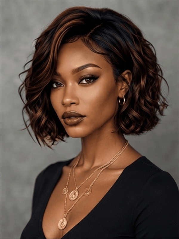 Burgundy Wine Highlight Wavy Bob Wig | 100% Human Hair Lace Front Wig