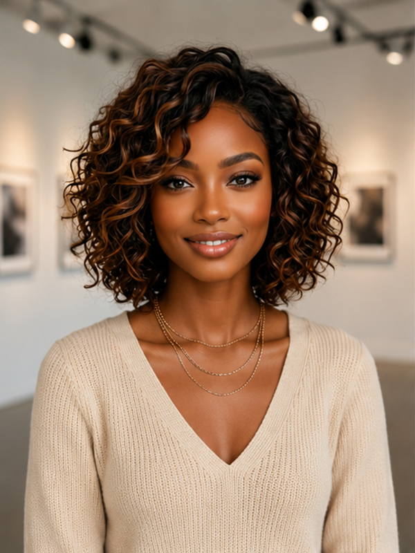 Caramel Highlight Curly Bob Wig Glueless Lace Human Hair Wig