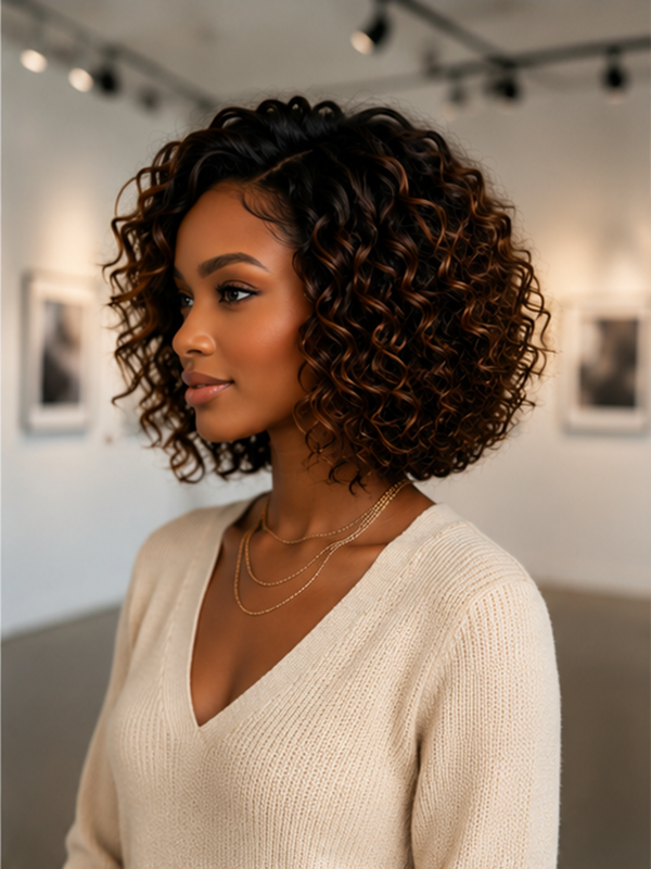Caramel Highlight Curly Bob Wig Glueless Lace Human Hair Wig