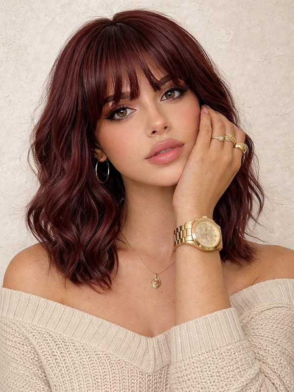 Deep Burgundy Layered Body Wave Wig With Bangs Drawstring Human Hair Wig