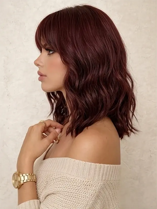 Deep Burgundy Layered Body Wave Wig With Bangs Drawstring Human Hair Wig