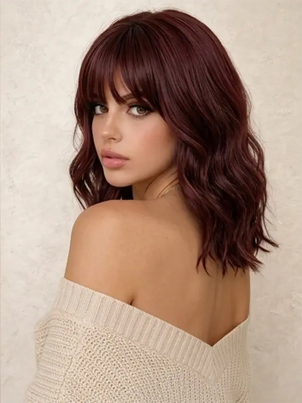 Deep Burgundy Layered Body Wave Wig With Bangs Drawstring Human Hair Wig