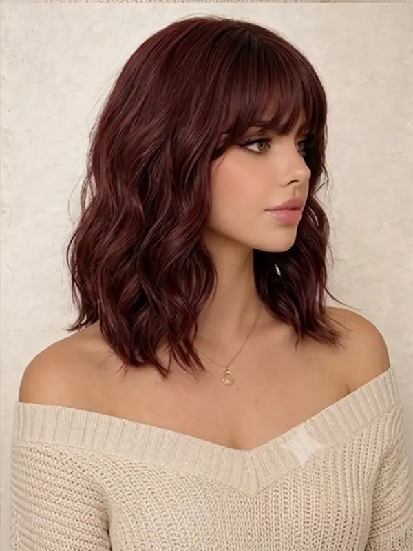 Deep Burgundy Layered Body Wave Wig With Bangs Drawstring Human Hair Wig