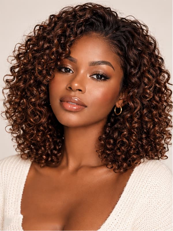 Glueless Brown Bouncy Curly Hair Shoulder Length Wear and Go Wig